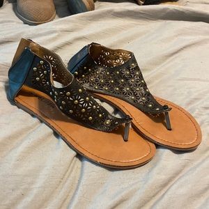 Black, tan and gold sandals, size 8